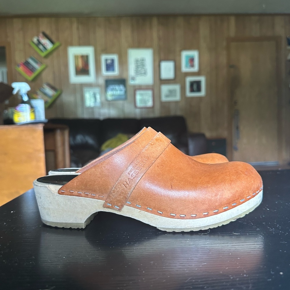 Swedish Hasbeens Tan/Orange Leather Mules